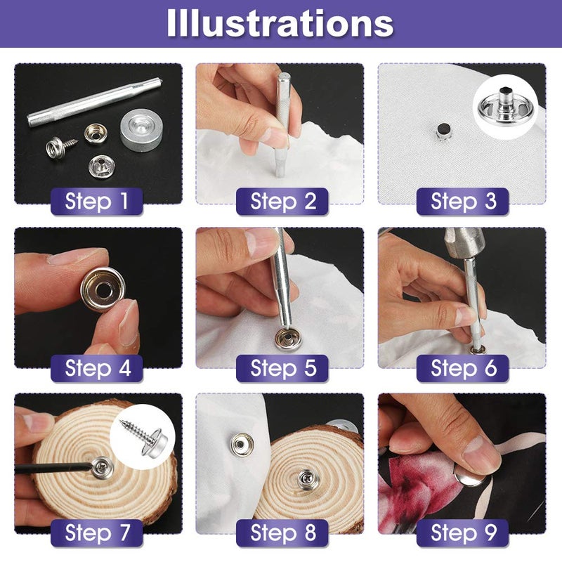 Meifuly 150 PCS Canvas Snap Kit with 2 Pcs Setting Tool - Marine Grade Stainless Steel 3/8" Socket Canvas Button Fastener Kit & Upholstery Boat Cover Snap Button Fastener Tool for DIY Cover Furniture - Image 4